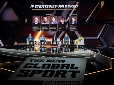 Panel discussion at the New Global Sport Conference 2025 under the theme "IP Strategies Unlocked," featuring speakers on a futuristic stage