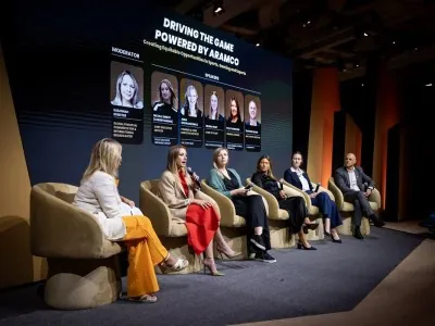 Expert panel discussion titled 'Driving the Game' powered by Aramco at NGSC 2025, featuring global female leaders in esports and technology